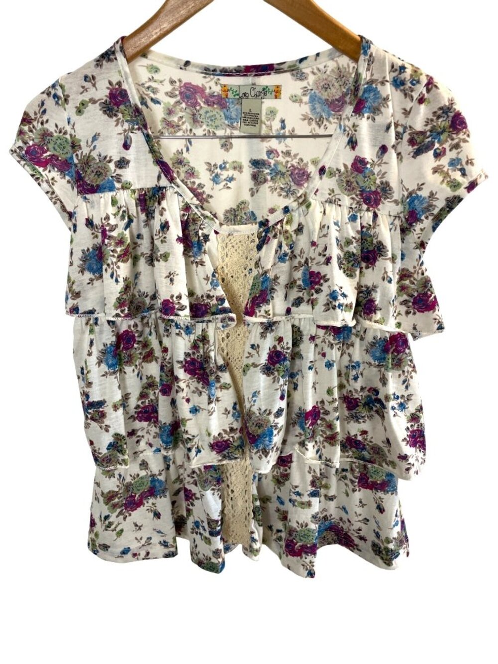 Love Change Large Floral Ruffle Tiered Cap Sleeve Lacey Top Cottagecore Feminine